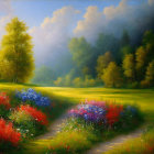 Tranquil landscape painting with winding path through flowering meadow