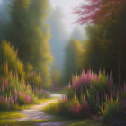 Tranquil woodland path with colorful flowers and trees