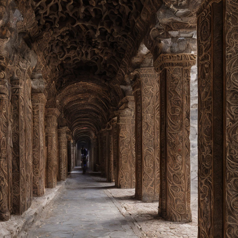 Intricate Stone Carvings in Ancient Corridor with Dim Lighting