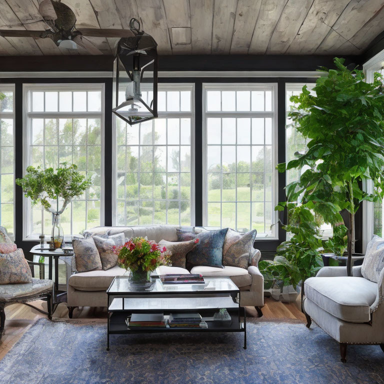 Rustic living room with beige sofa, blue rug, wooden ceiling, and indoor plants