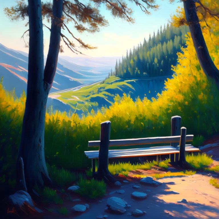 Tranquil landscape painting: sunlit bench under pine trees overlooking lush valley.