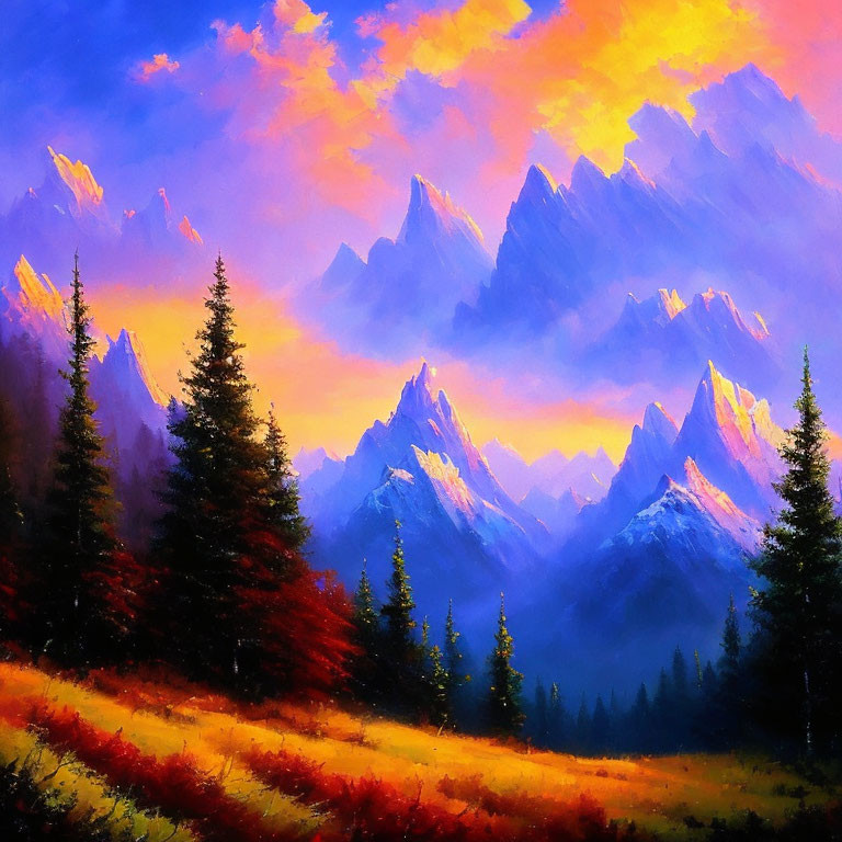 Vibrant mountain landscape with colorful skies and evergreen trees