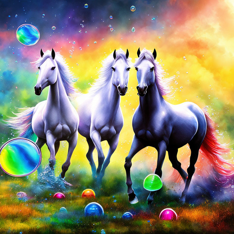 Majestic white horses gallop in cosmic scene with vibrant manes.