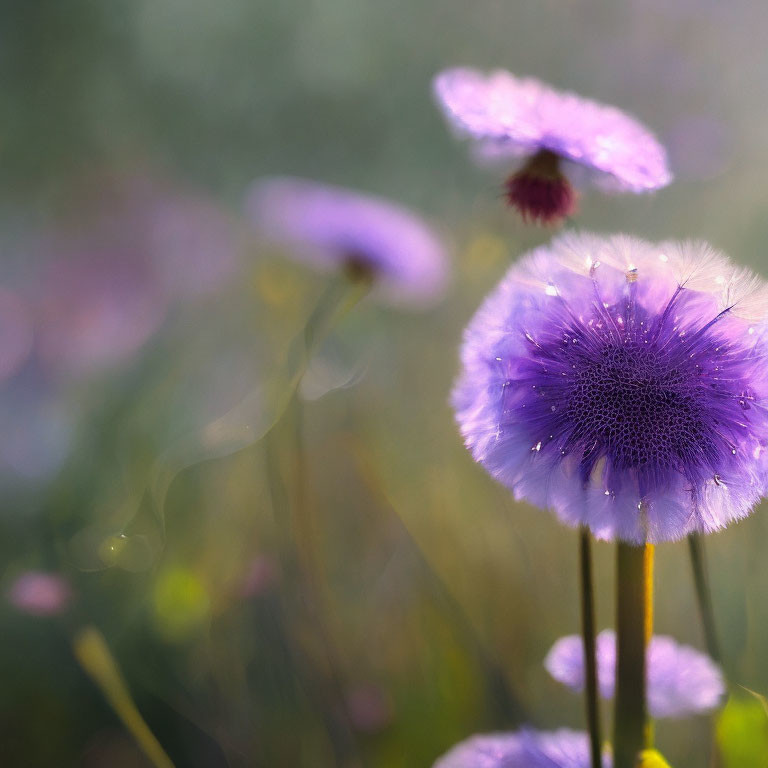 Detailed view of purple flowers with soft-focus background and water droplets on petals