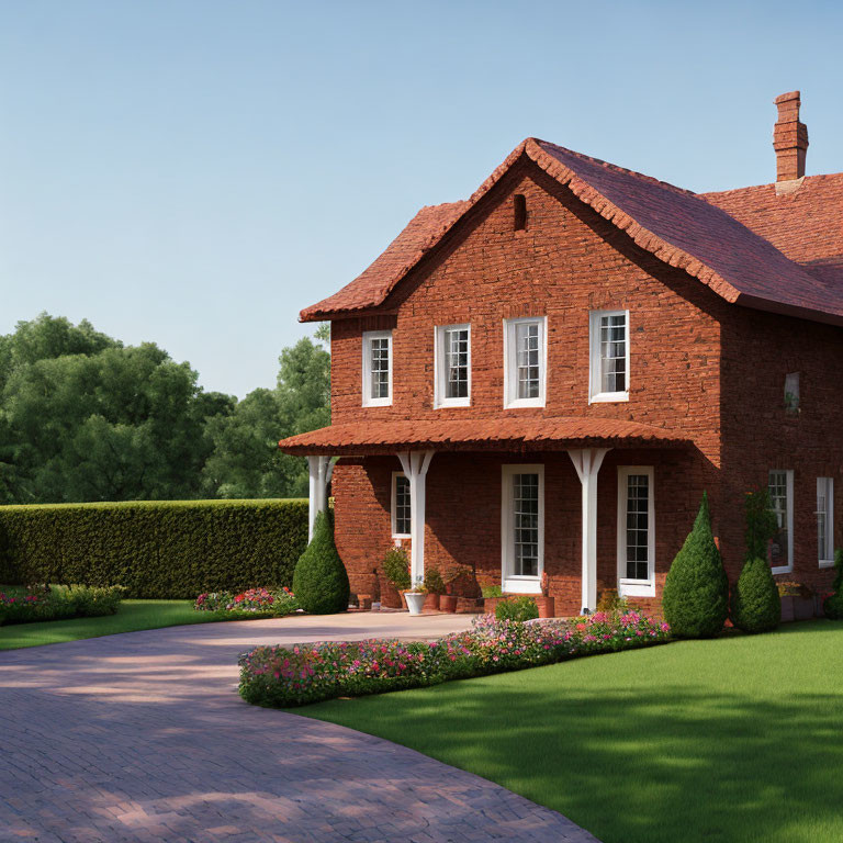 Two-story brick house with white windows and manicured garden