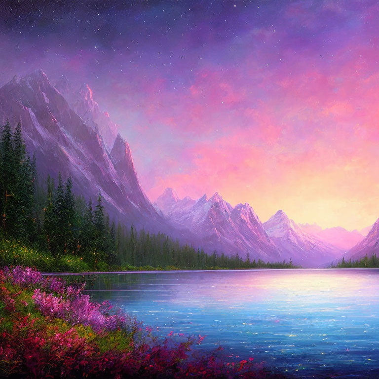 Colorful mountain landscape painting at dusk with starry sky and reflective waters.