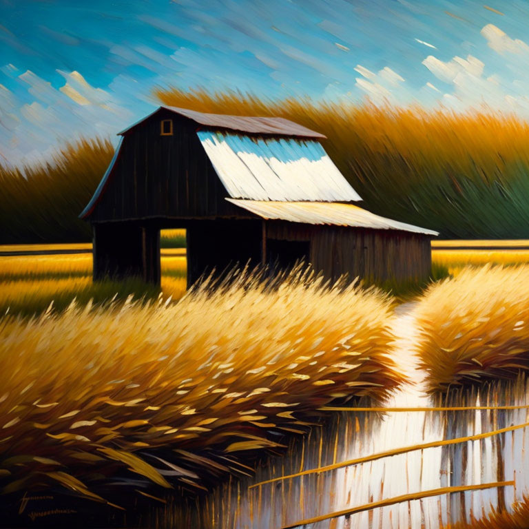 Rustic Wooden Barn in Golden Field with Vibrant Sky