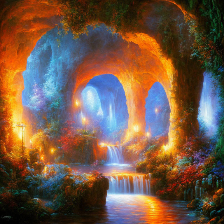 Colorful Fantasy Landscape with Illuminated Cave, Waterfalls, River, and Glowing Vegetation