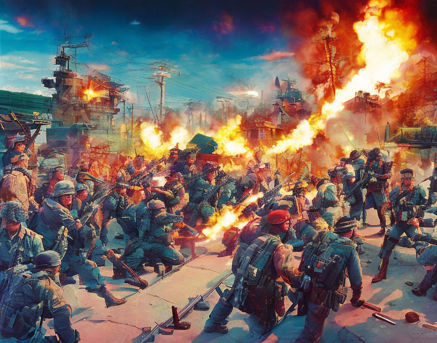 Detailed depiction of chaotic battle scene with soldiers, flames, and warships.