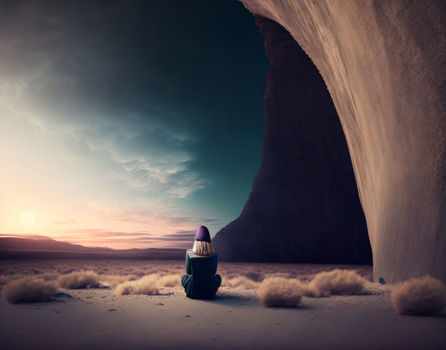 Person sitting under twilight sky with large rock formation and setting sun.