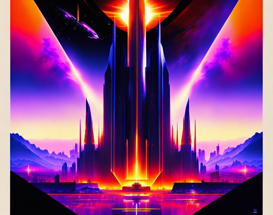 Futuristic cityscape with neon beams under an alien sky