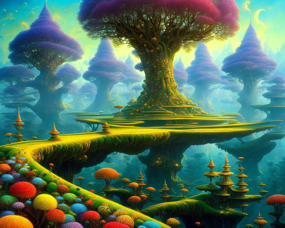 Majestic tree in vibrant fantasy landscape