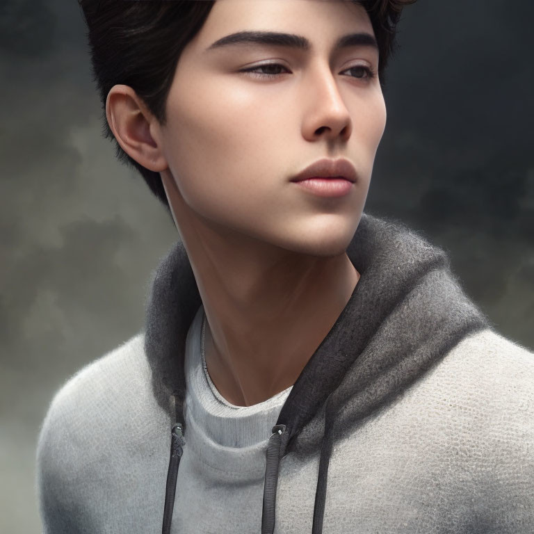 Sharp Jawline Dark Hair Grey Hoodie Digital Portrait