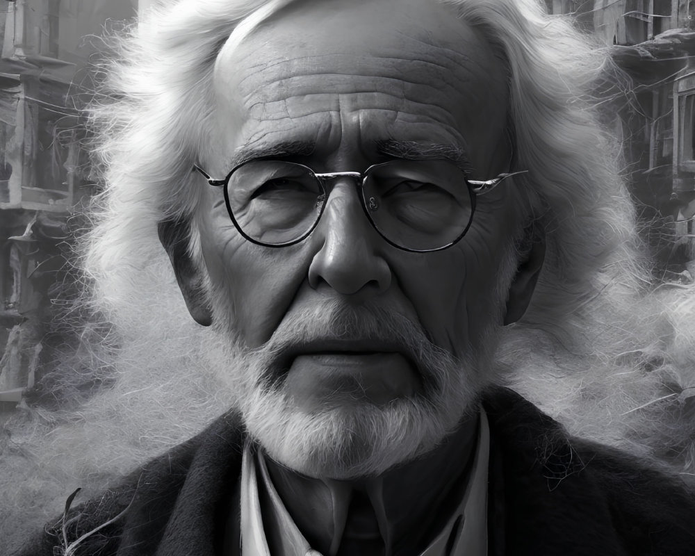 Elderly man with white hair and beard in round glasses against cityscape.