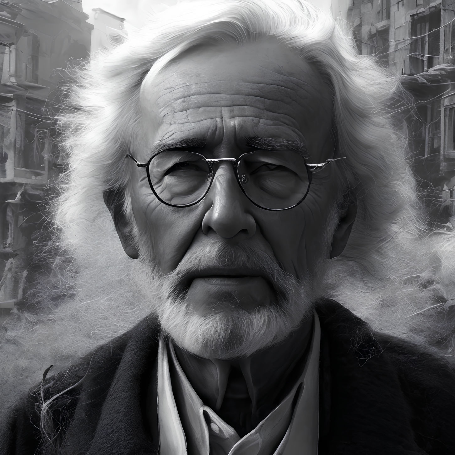 Elderly man with white hair and beard in round glasses against cityscape.