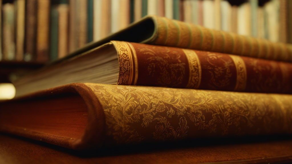 Stack of Ornate Antique Books on Wooden Surface with Blurred Bookshelves