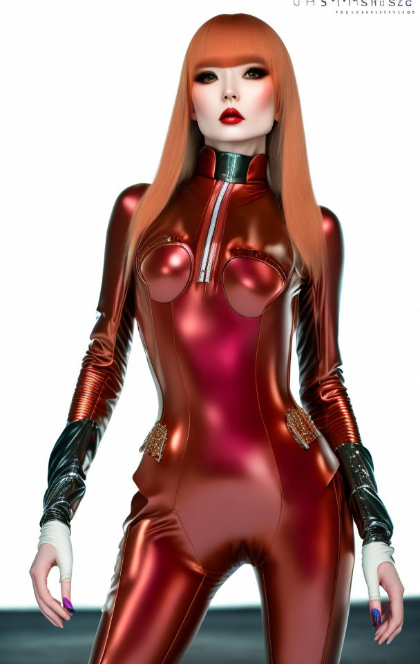 Futuristic woman in red and brown bodysuit with metallic accents