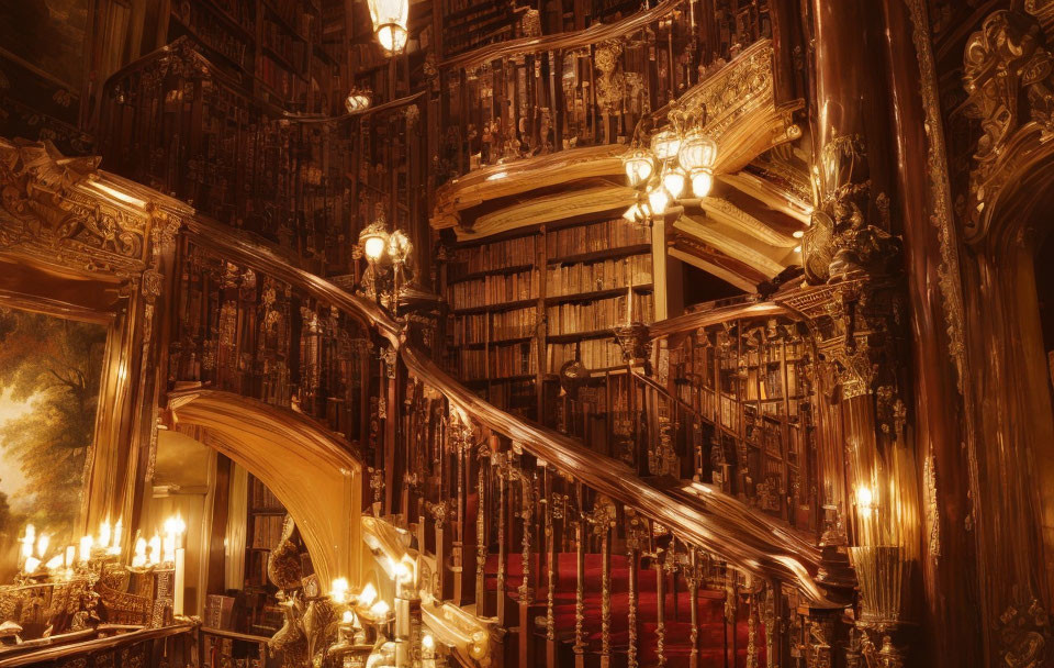 Luxurious Wooden Library with Spiral Staircase and Golden Chandelier