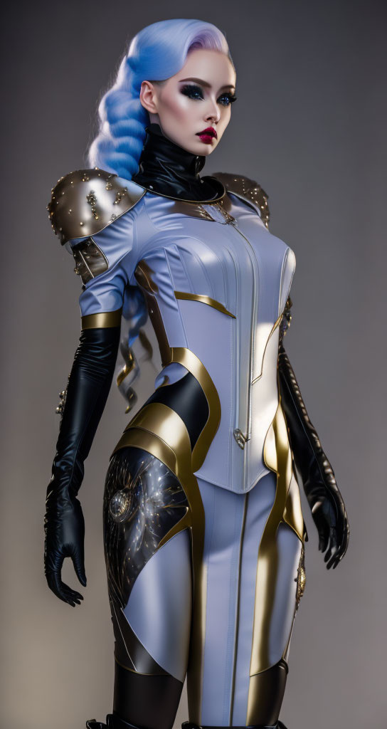 Blue-Haired Figure in Futuristic Silver and Gold Armor on Gradient Background