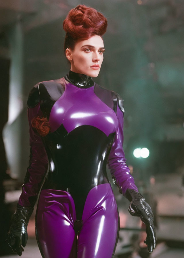 Futuristic woman in purple and black bodysuit in misty setting