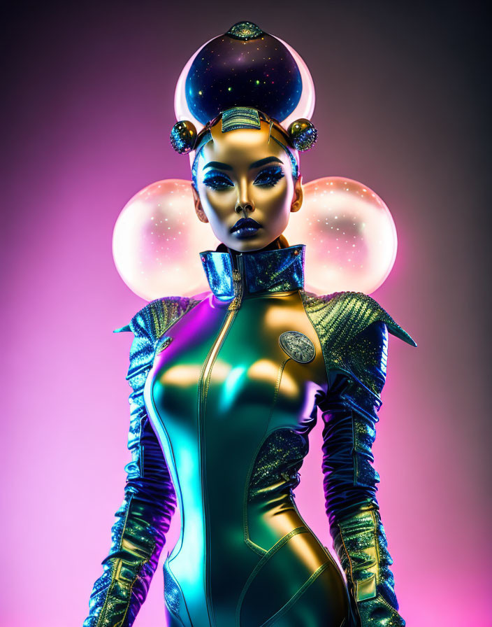 Futuristic woman with cosmic-themed makeup and attire in galaxy-filled headdress.