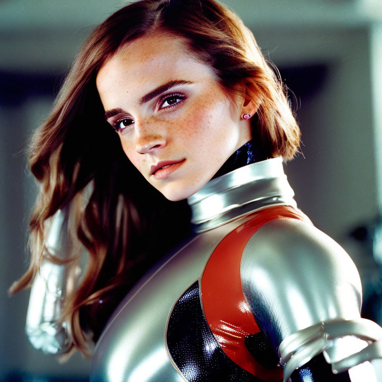 Freckled woman in futuristic metallic outfit with red and silver accents