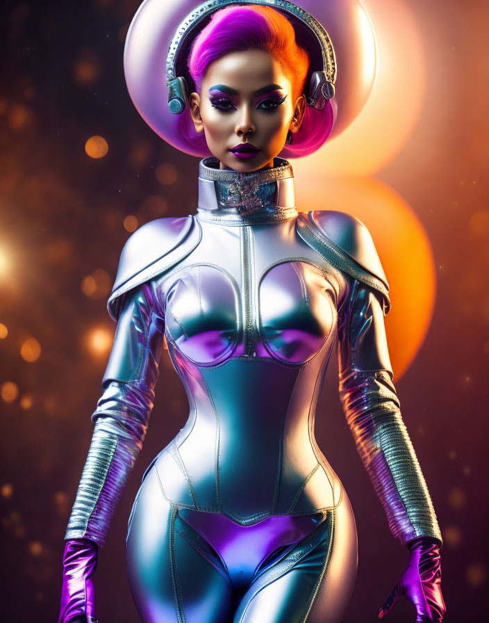 Futuristic woman in purple hair and metallic outfit with glowing orange background