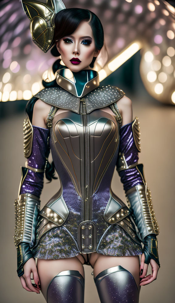 Futuristic knight-inspired armor with metallic and purple tones and dramatic makeup pose