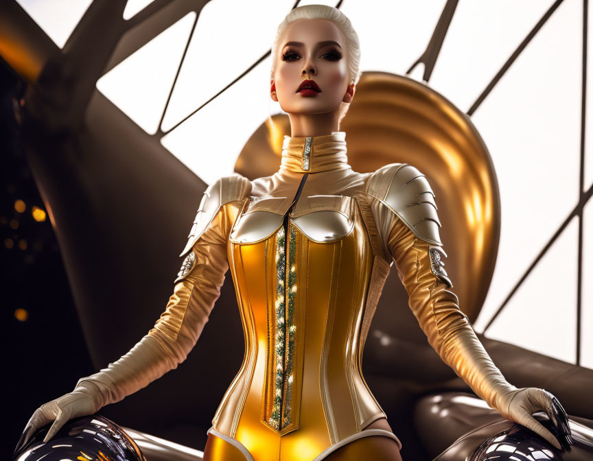 Futuristic woman in gold and white bodysuit with sleek armor against metallic backdrop