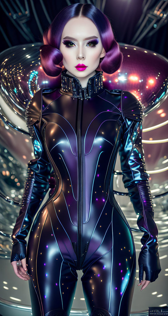 Futuristic woman in black bodysuit with neon lights and bold makeup