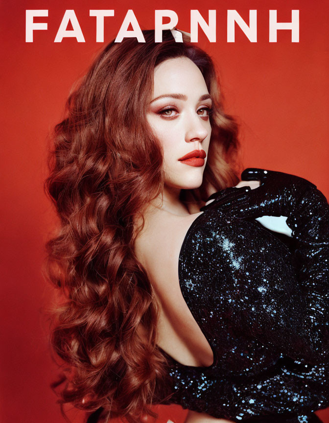 Auburn-Haired Woman in Black Sequined Outfit on Red Background