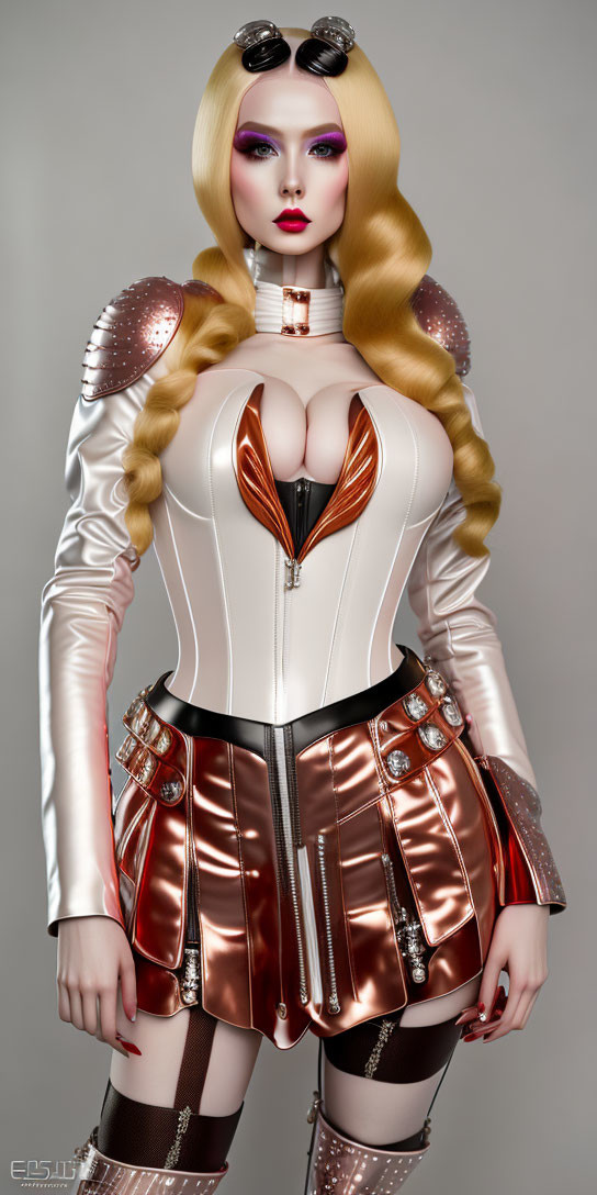 Blonde woman in futuristic white outfit with copper details