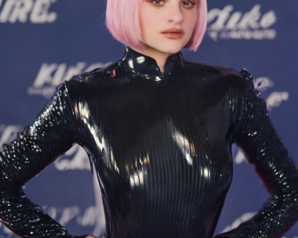 Pink bob haircut woman in black high-neck outfit against logo backdrop