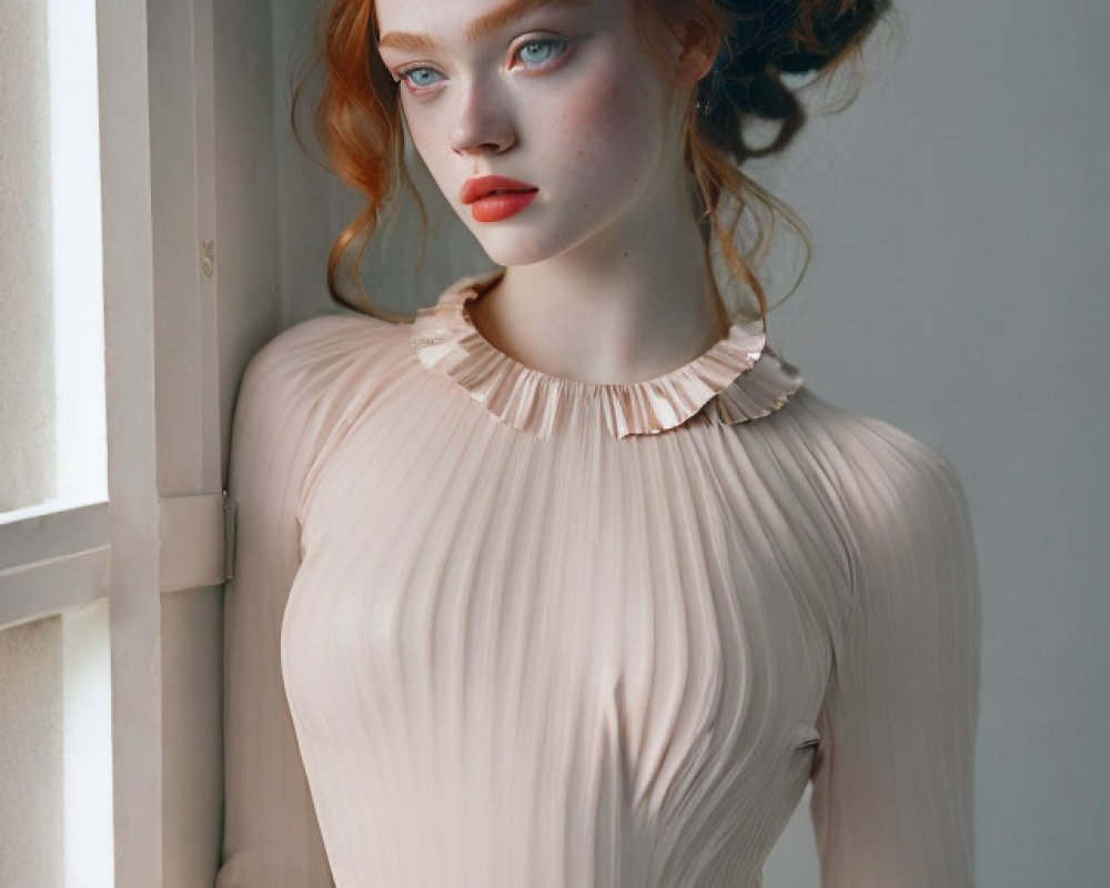 Red-haired woman in updo and pastel dress under soft light