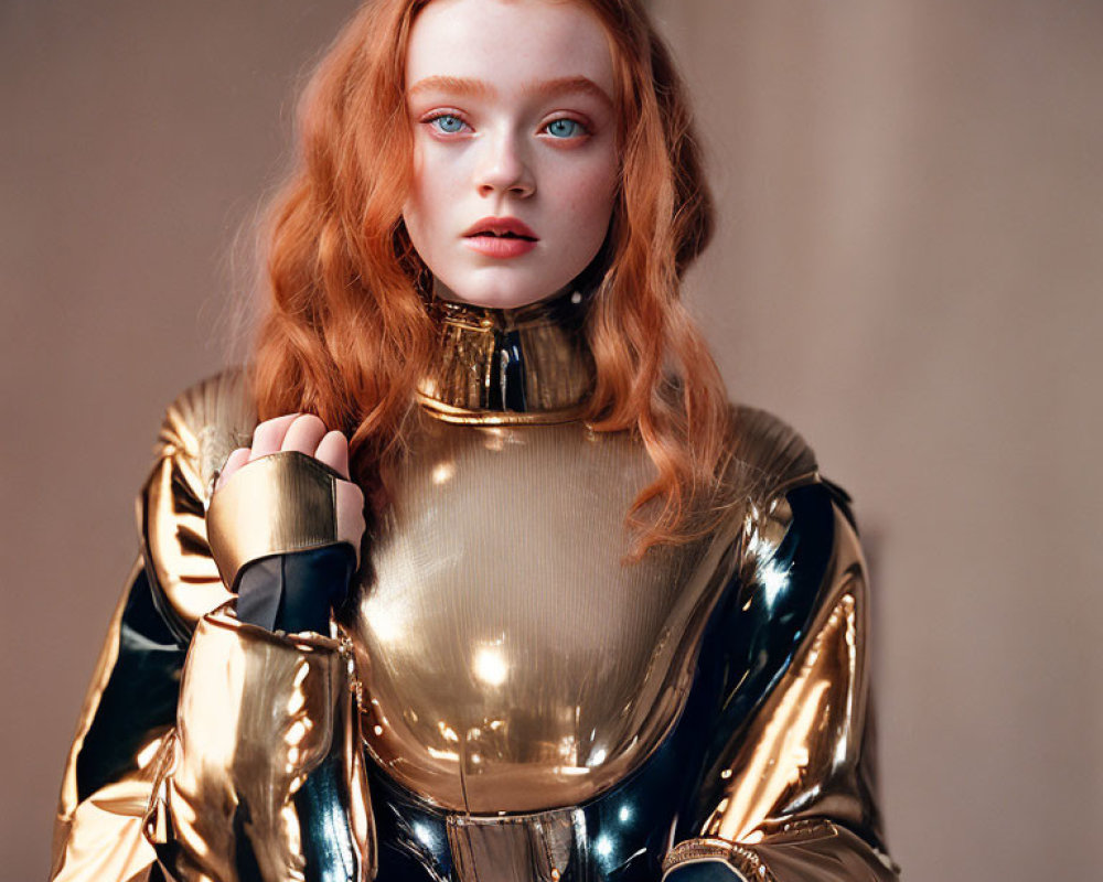 Red-haired woman in futuristic golden armor with high-neck collar