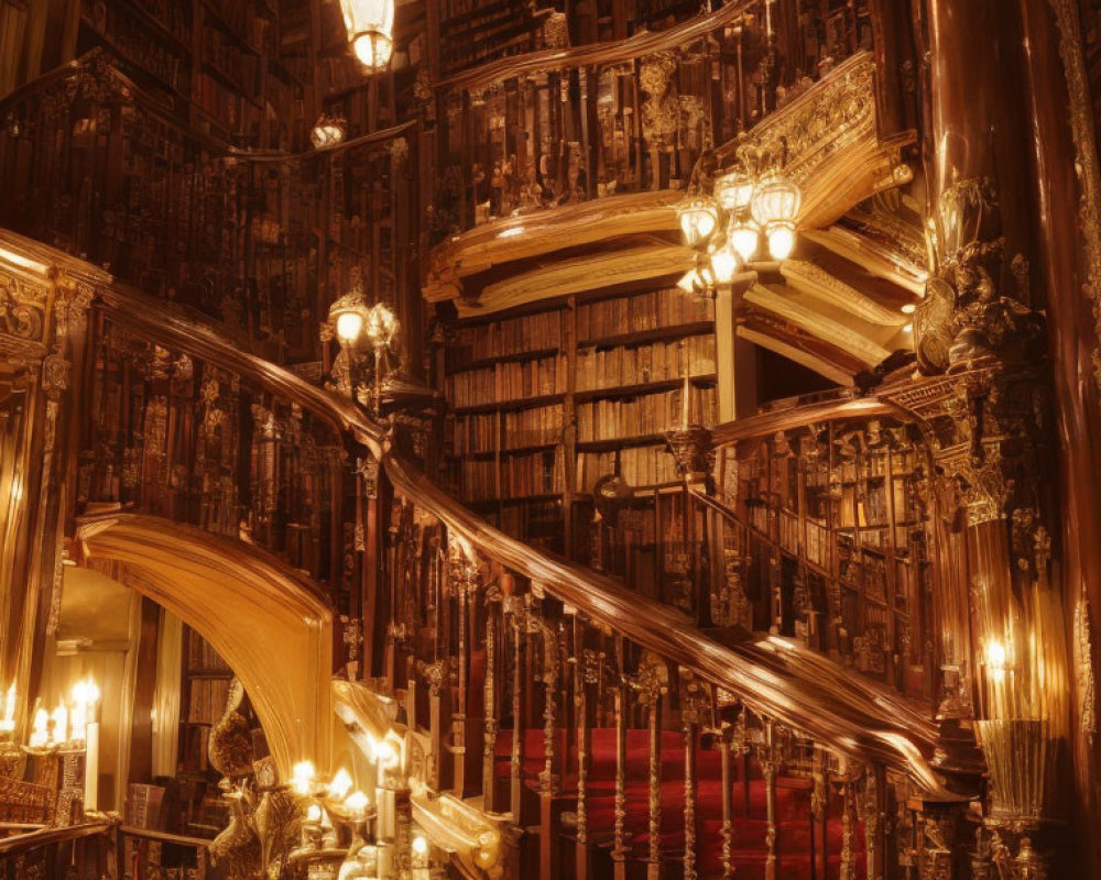 Luxurious Wooden Library with Spiral Staircase and Golden Chandelier