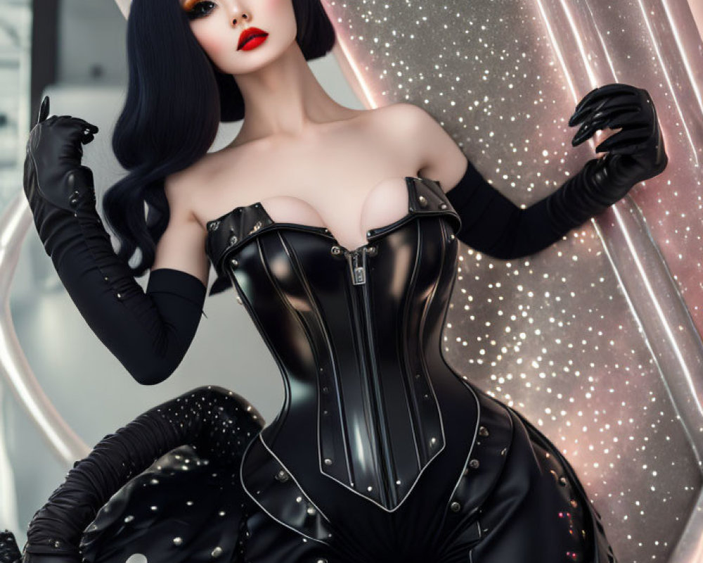 Stylized digital artwork of pale-skinned female in black corset & gloves