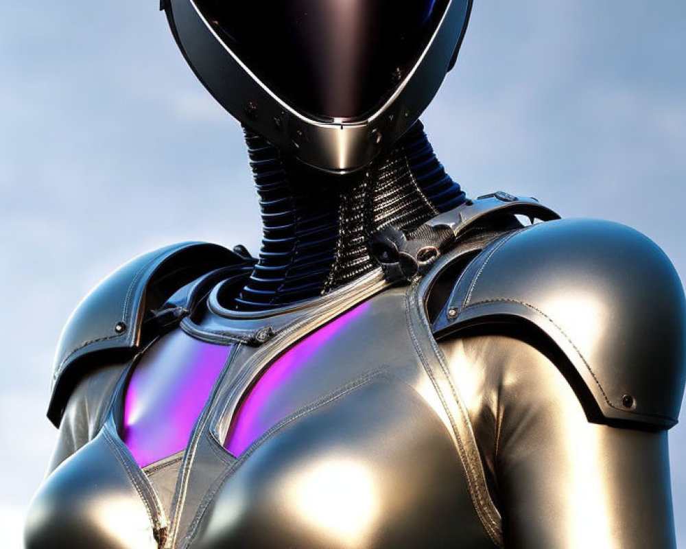 Futuristic robot with black head and metallic body on blue sky background