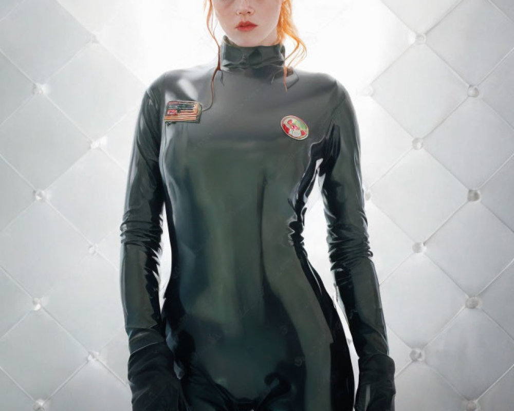 Person in Dark Jumpsuit with Patches Poses Against Geometric Backdrop