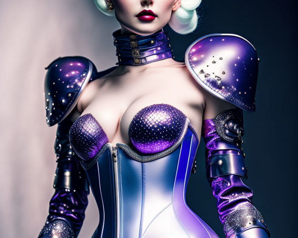 White-haired female in futuristic armor on dark background