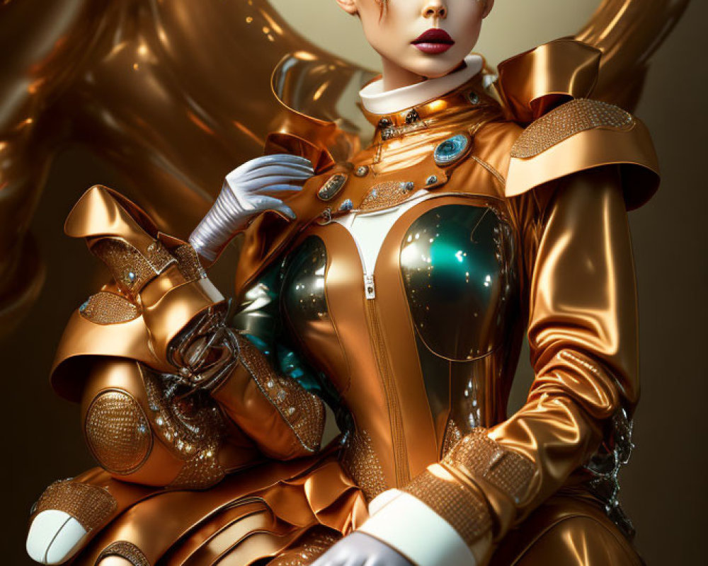 Futuristic female figure in shiny golden armor and intricate details