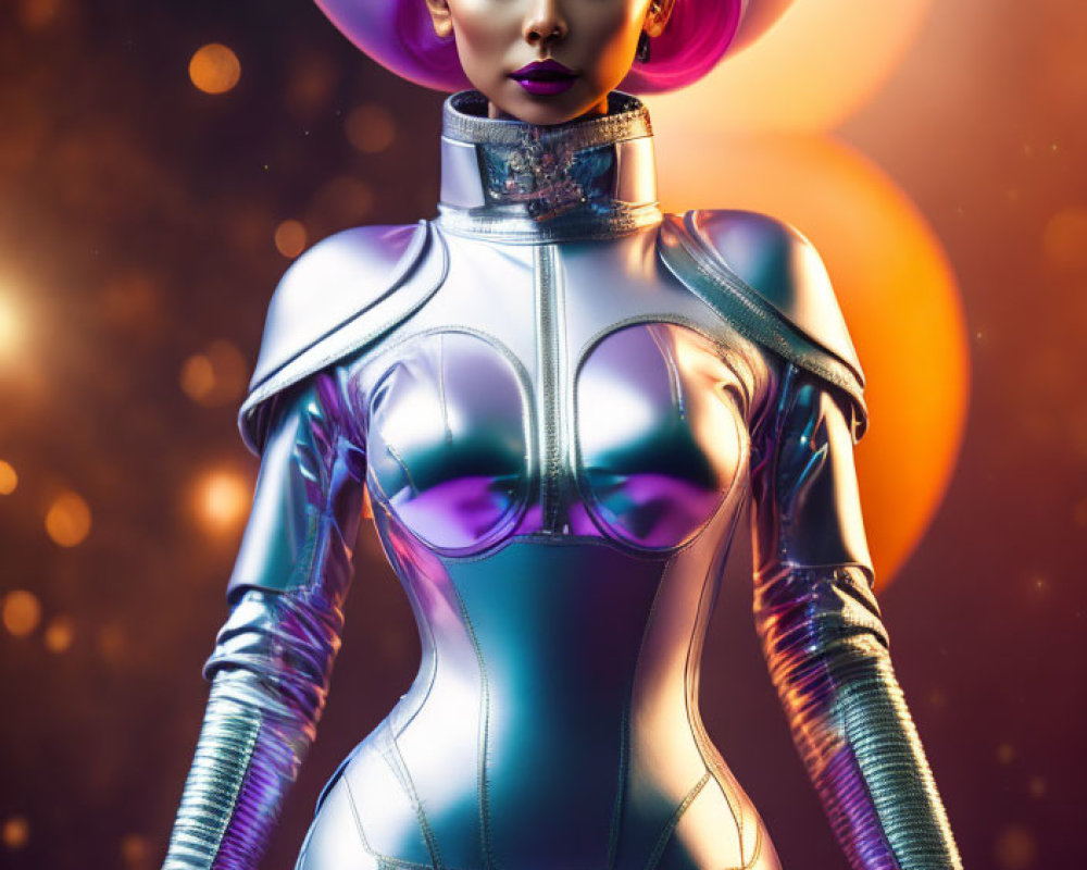 Futuristic woman in purple hair and metallic outfit with glowing orange background