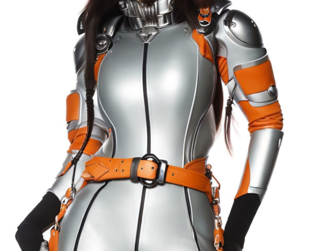 Futuristic woman in silver and orange bodysuit with black visor