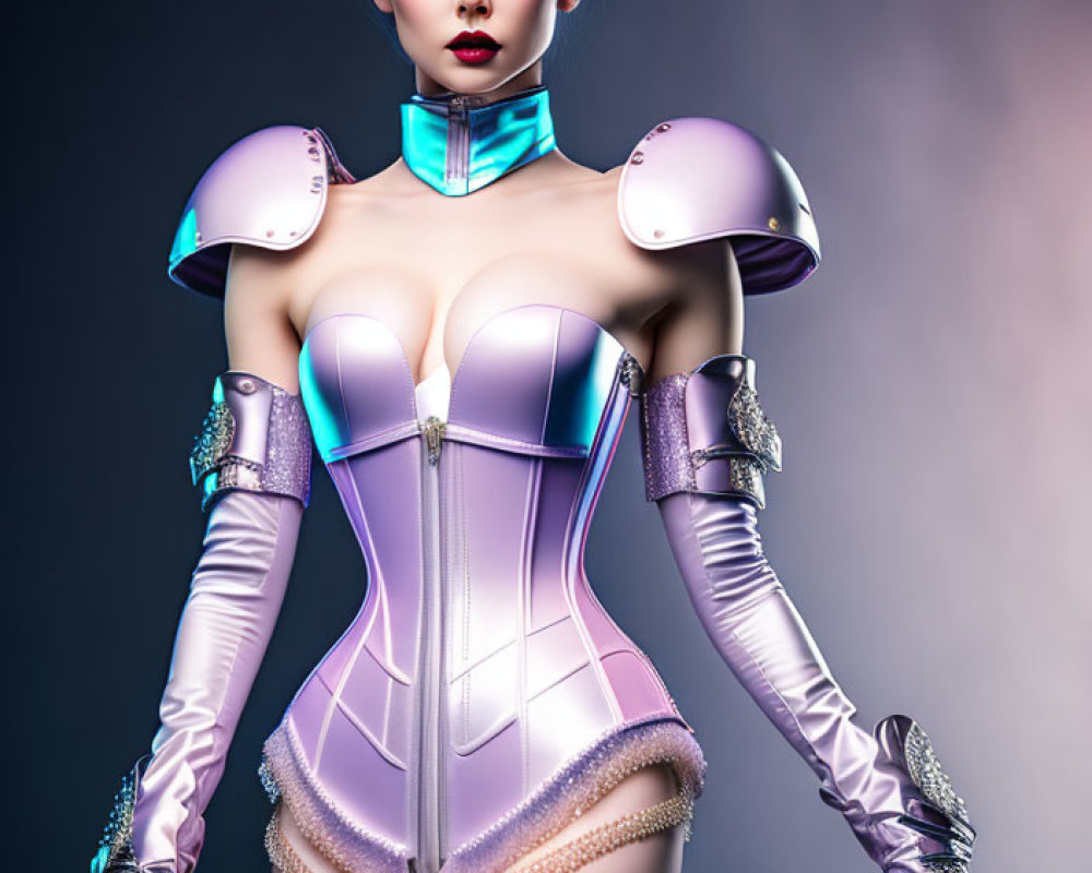 Futuristic woman in silver and lavender attire with bold makeup