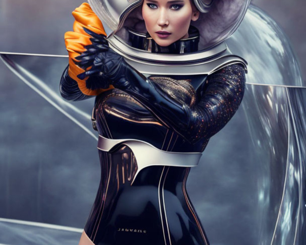 Futuristic woman in oversized fur-adorned helmet and black bodysuit