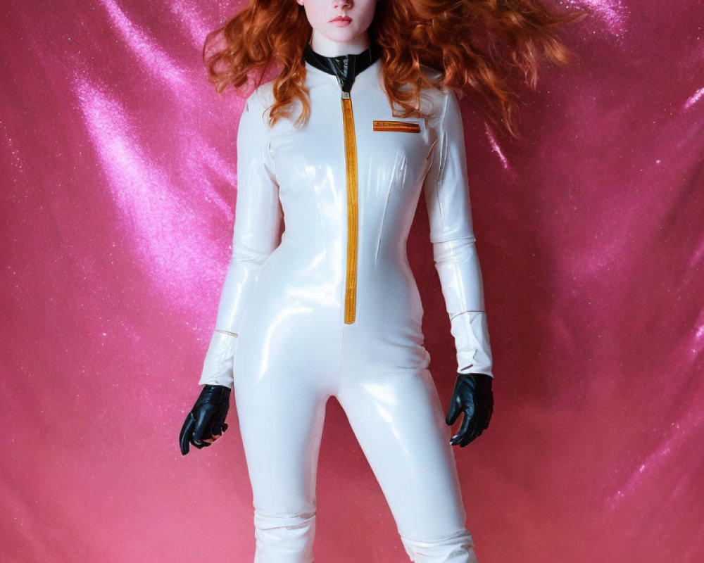 Red-haired person in white latex bodysuit on pink backdrop