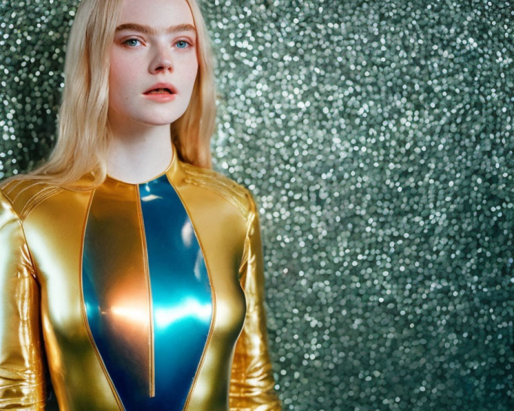 Blonde person in gold and blue bodysuit against glittery background