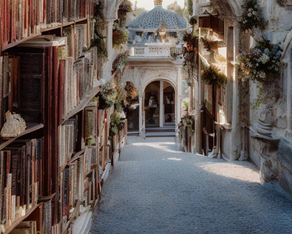 Cobblestone Passage with Bookshelves and Dome View