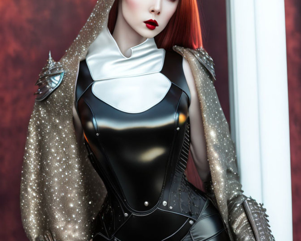 Red-haired woman statue in black bodysuit with white collar and speckled cape