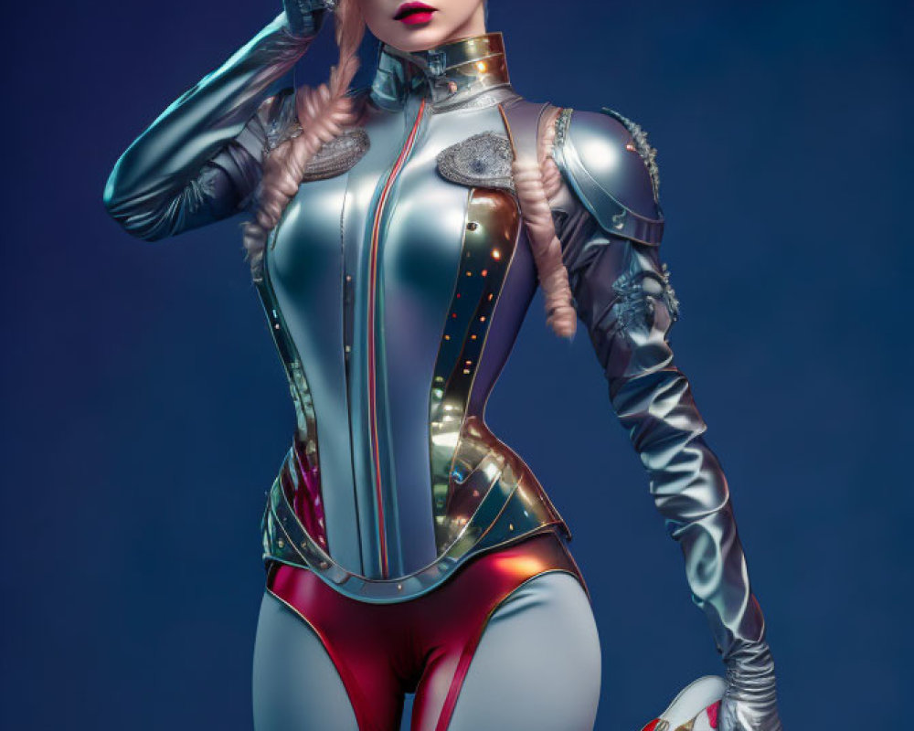 Futuristic woman in platinum blonde hair and metallic bodysuit with illuminated accents holding a helmet